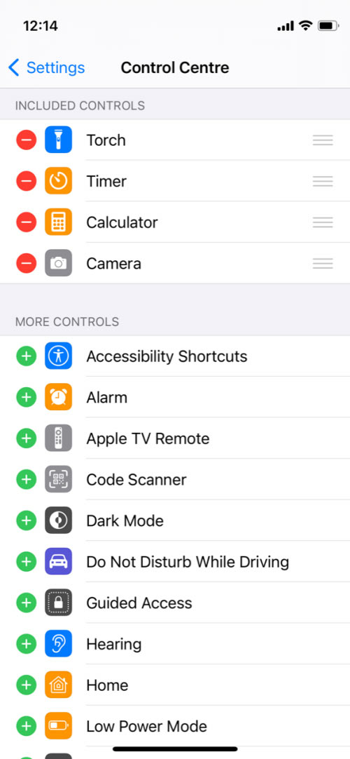 iphone screen of control centre for settings 