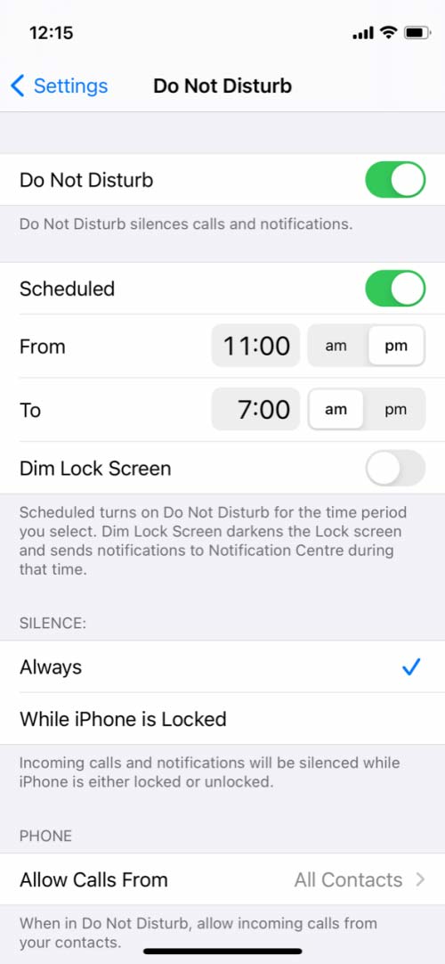 iphone do not disturb settings screen