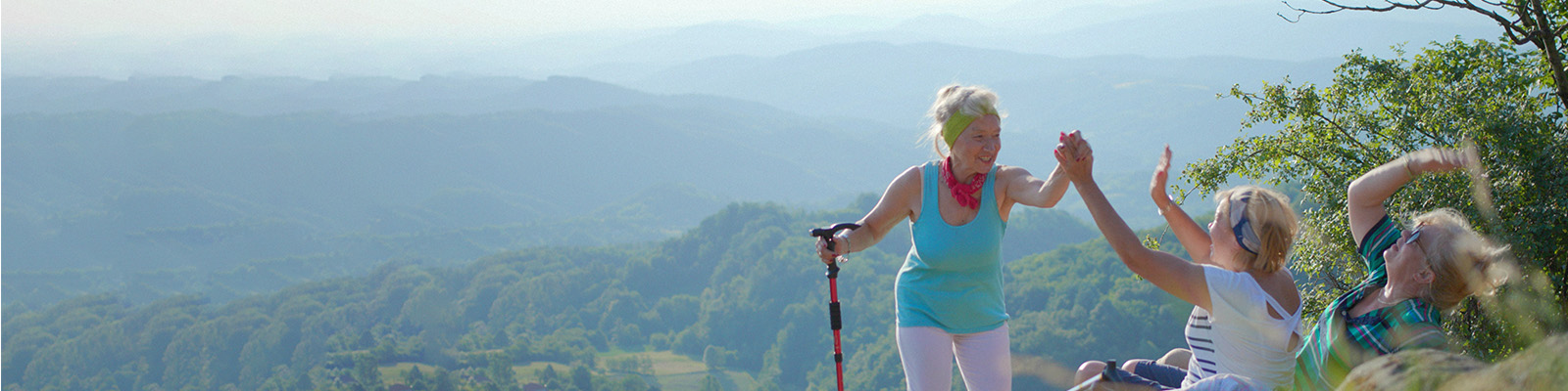 Hikers High Fiving on Mountain