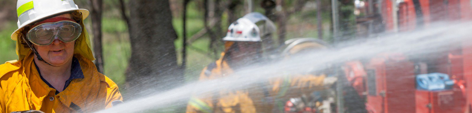 Firefighter in bush spraying hose next to truck