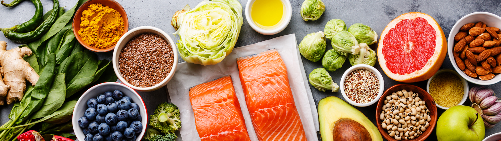 Healthy food spread out on counter