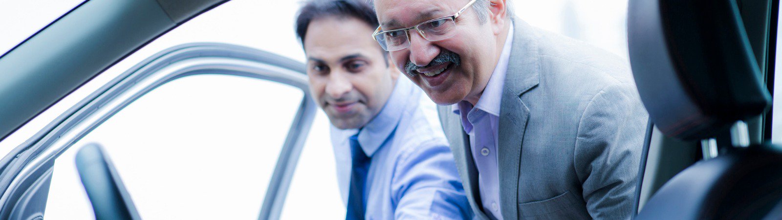 Two men looking through open car door